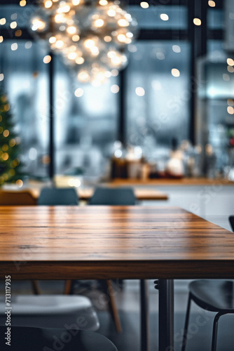 Wooden home table bokeh background  empty wood desk cafe tabletop surface product display mockup with blurry living room or city abstract backdrop advertising presentation. Mock up  copy space.