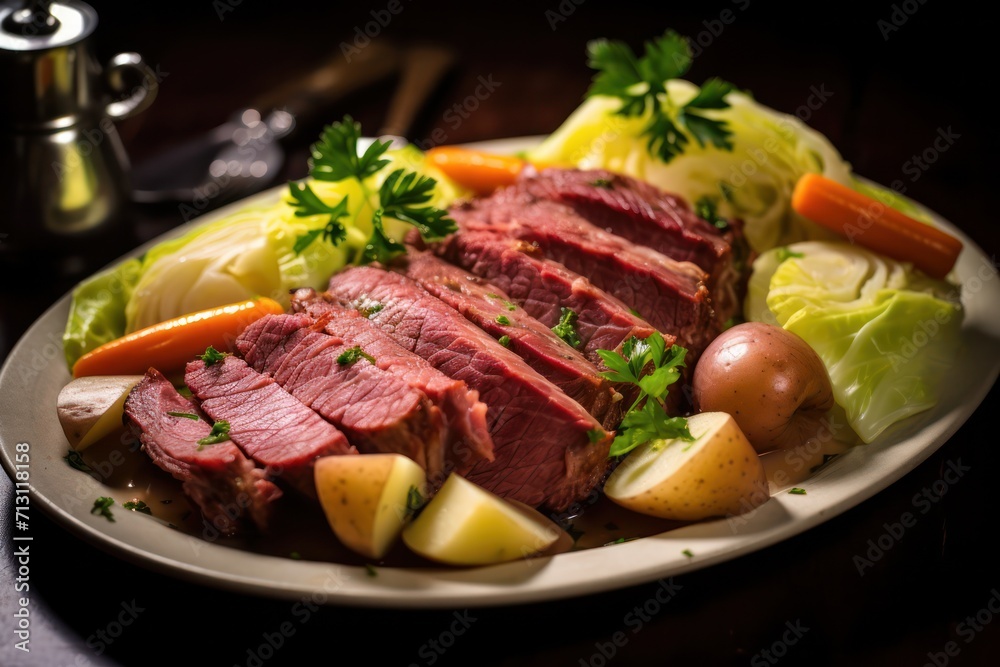 Corned or salt beef and cabbage closeup. Salt-cured brisket of meat traditional dish cooked in Dutch oven. Corned or salt beef and cabbage closeup. Salt-cured brisket of meat traditional dish cooked in Dutch oven.