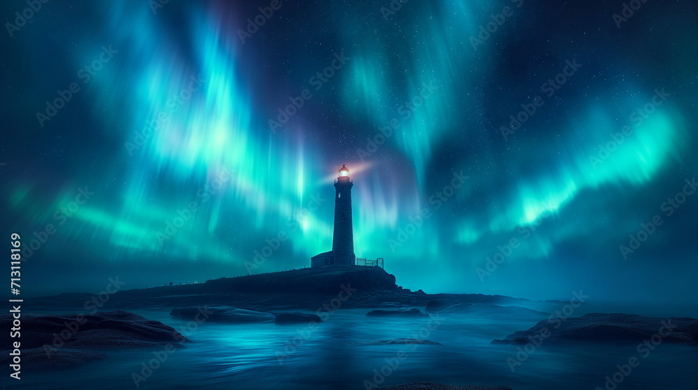 Lighthouse in northern lights