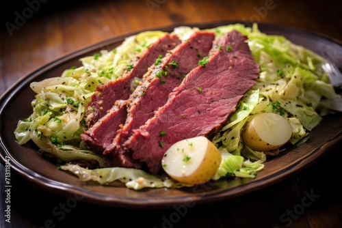 Corned or salt beef and cabbage closeup. Salt-cured brisket of meat traditional dish cooked in Dutch oven. 
