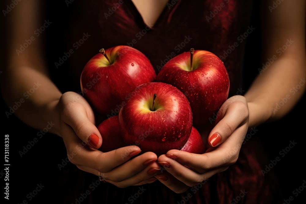 woman holding red apples in hands closeup