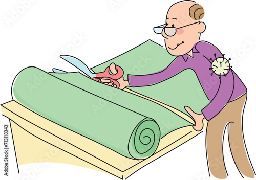 Tailor is cutting fabric with scissors.