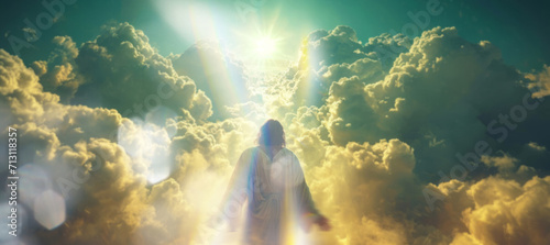 Heaven, christ and silhouette with background for religion, faith and spiritual god for sunshine, believe and sacrifice. Clouds, man and light flare for Catholic, Christianity and bible concept photo