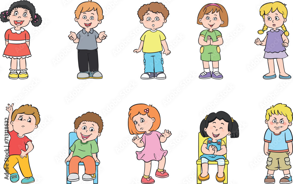 Set of ten drawings of little children doing different movements. Set of ten drawings of little children doing different movements.