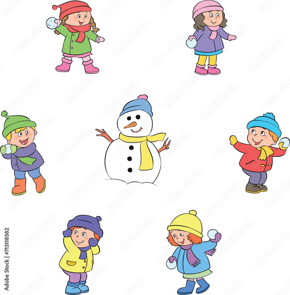 Cheerful children playing snowballs around the snowman. Cheerful children playing snowballs around the snowman.