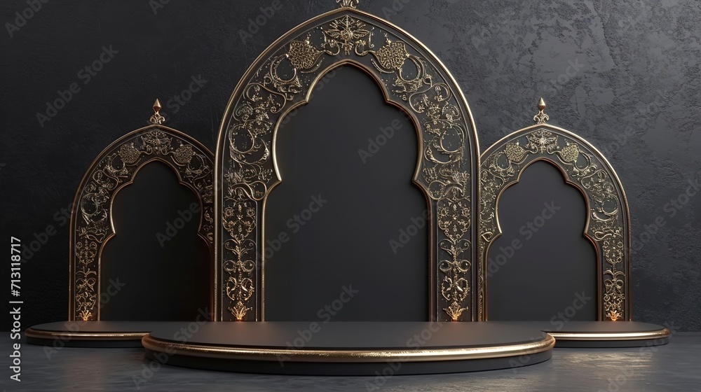 concept of ramadan kareem, Islamic Podium, luxury ramadan podium for display product, presentation, stage, base, isolated background, generative ai