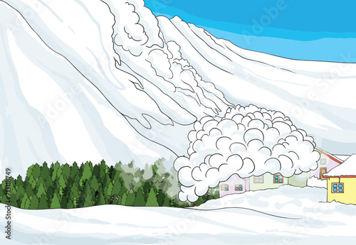 An avalanche destroying trees and houses.