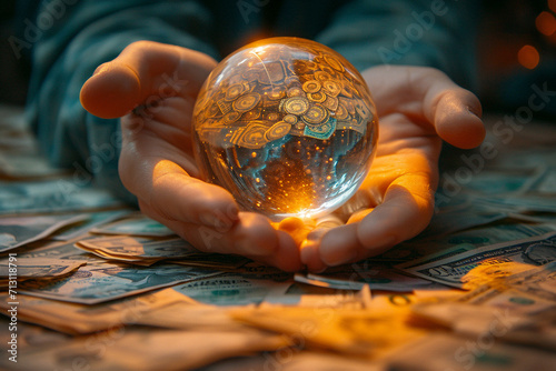 Woman holding glass sphere over money in meditation for income