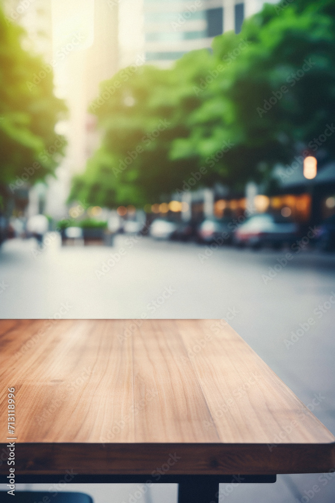 Wooden table bokeh city view background, empty wood desk tabletop counter surface product display mockup with blurry cityscape lights abstract backdrop presentation. Mock up, copy space.