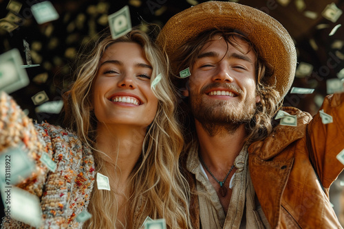 happy woman and man and rain of money falling photo