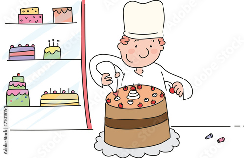 The confectioner decorating the birthday cake he made.