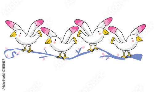 The choir of birds sing on the tree branch.