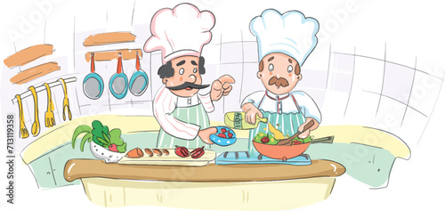 Two cook men preparing food together in the kitchen.
