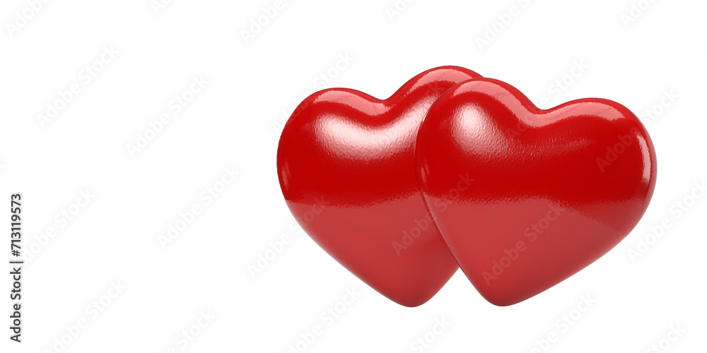Two red shiny hearts on a bright white background. Concept of love, passion and excitement, clipping path function. Beautiful 3D rendering design poster for Valentine's Day, Mother's Day.