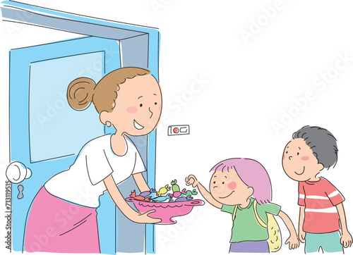 Little kids collecting candy on candy day. Feast of Ramadan.