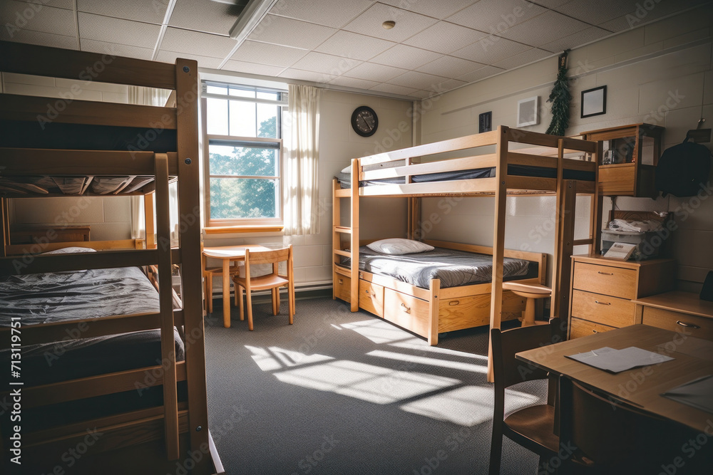 A modern dormitory room with bunk beds, desks, and an empty interior for students. A modern dormitory room with bunk beds, desks, and an empty interior for students.