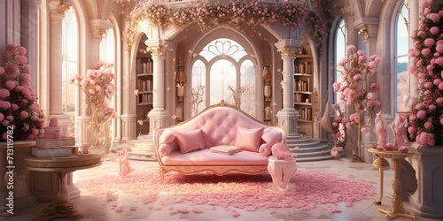 library filled with pink-hued books and rose gold accents. Generative Ai