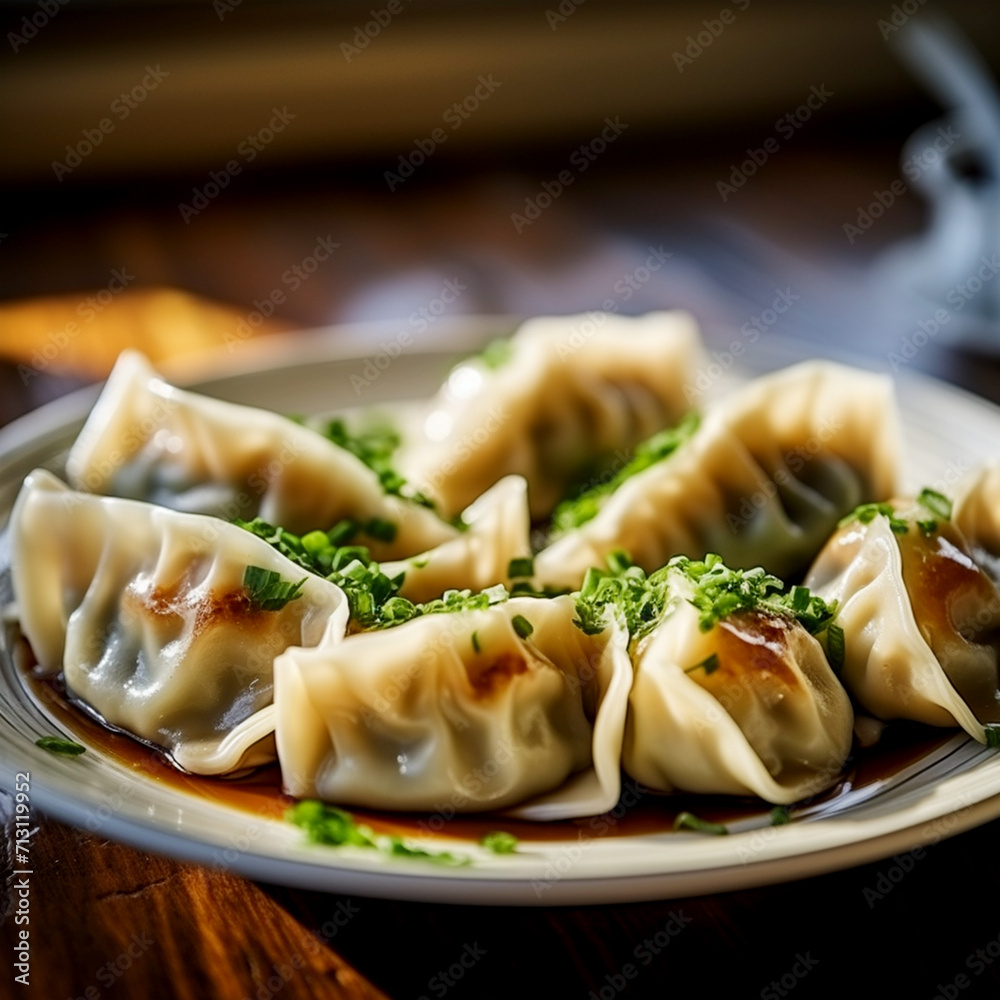 Fried Chinese dumplings, hot sauce, shelves for food, national dishes of China, unusual serving, rustic. Chinese cuisine. Fried Chinese dumplings, hot sauce, shelves for food, national dishes of China, unusual serving, rustic. Chinese cuisine.