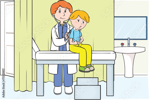 Illustration of doctor checking sick child.