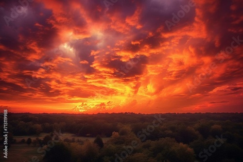 a vibrant sky radiating warm colors as the sun sets. Generative AI