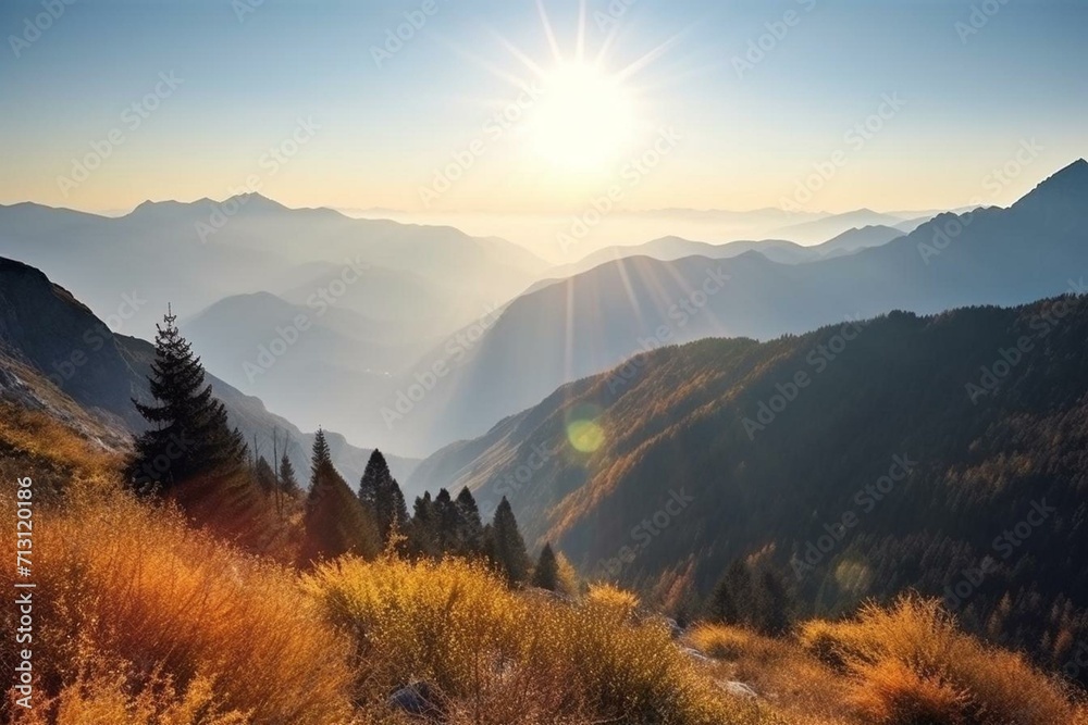 Beautiful early morning view over mountain peaks. Generative AI - obrazy, fototapety, plakaty 