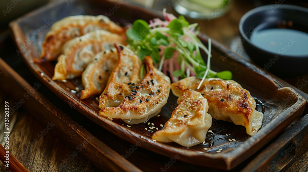 Fried Chinese dumplings, hot sauce, shelves for food, national dishes of China, unusual serving, rustic. Chinese cuisine. Fried Chinese dumplings, hot sauce, shelves for food, national dishes of China, unusual serving, rustic. Chinese cuisine.