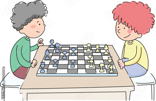 Two little children are playing chess.