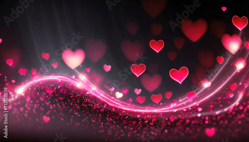 Wave of pink light with red and pink hearts swirling above on dark blurry background