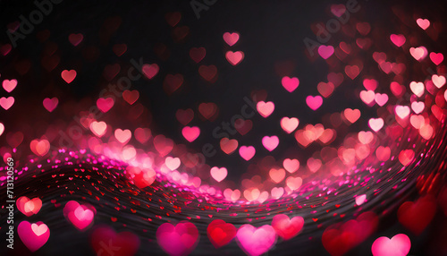 Wave of small red and pink hearts of light swirling around on dark blurry background photo