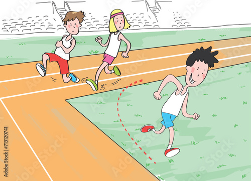 The boy who cheated in a running race. The cheating runner kid who doesn't follow the rules.