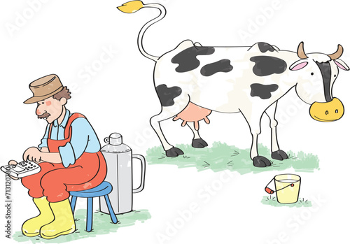 The milkman is calculating with a calculator.