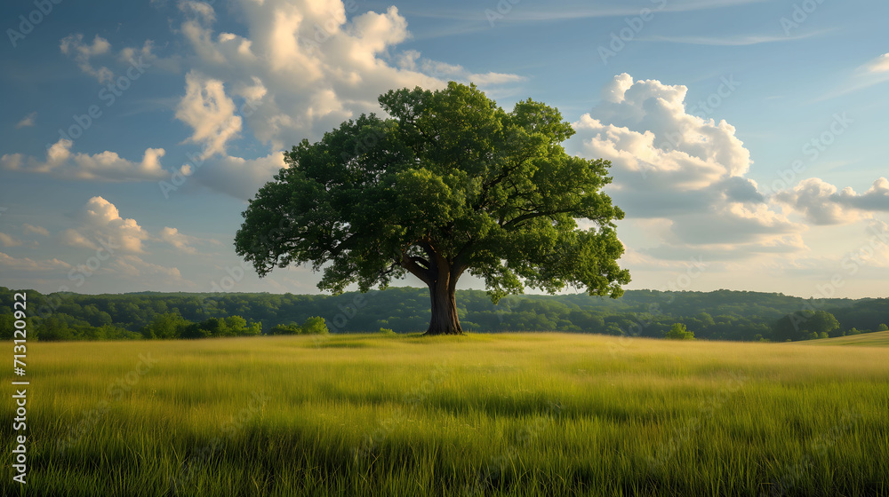 Obraz premium Majestic Lone Tree Standing Tall in Vast Sunny Meadow