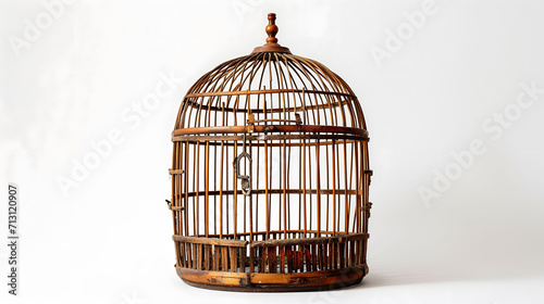 Old Wooden Birdcage with Intricate Design on White Background