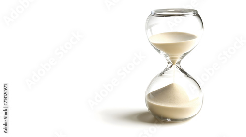 Transparent Hourglass with Sand Trickling Down on White Background