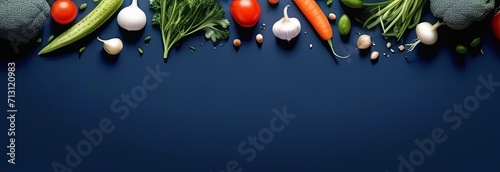 Food concept, flat lay with fresh fruits and vegetables on blue background
