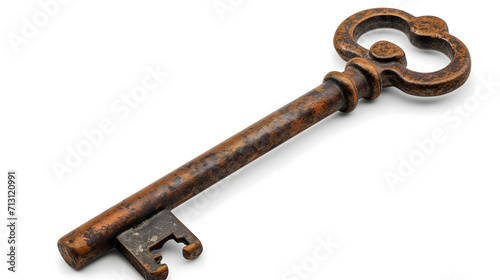 Antique Rusty Metal Key with Intricate Design Isolated Background