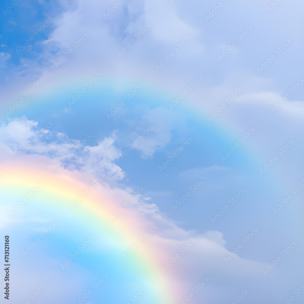 Rainbow in the blue sky with clouds.