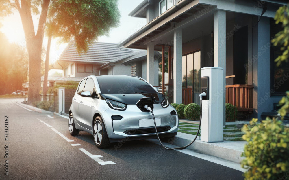 Fototapeta premium Generic electric vehicle EV hybrid car is being charged from a wallbox near a contemporary modern residential building house