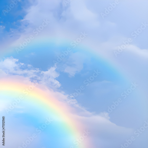 Rainbow in the blue sky with clouds. © princess