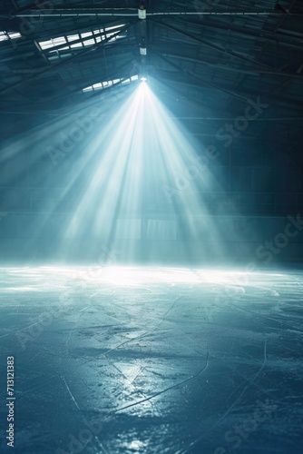 An empty ice rink with a light beam shining down from the ceiling. Perfect for sports or winter-themed designs