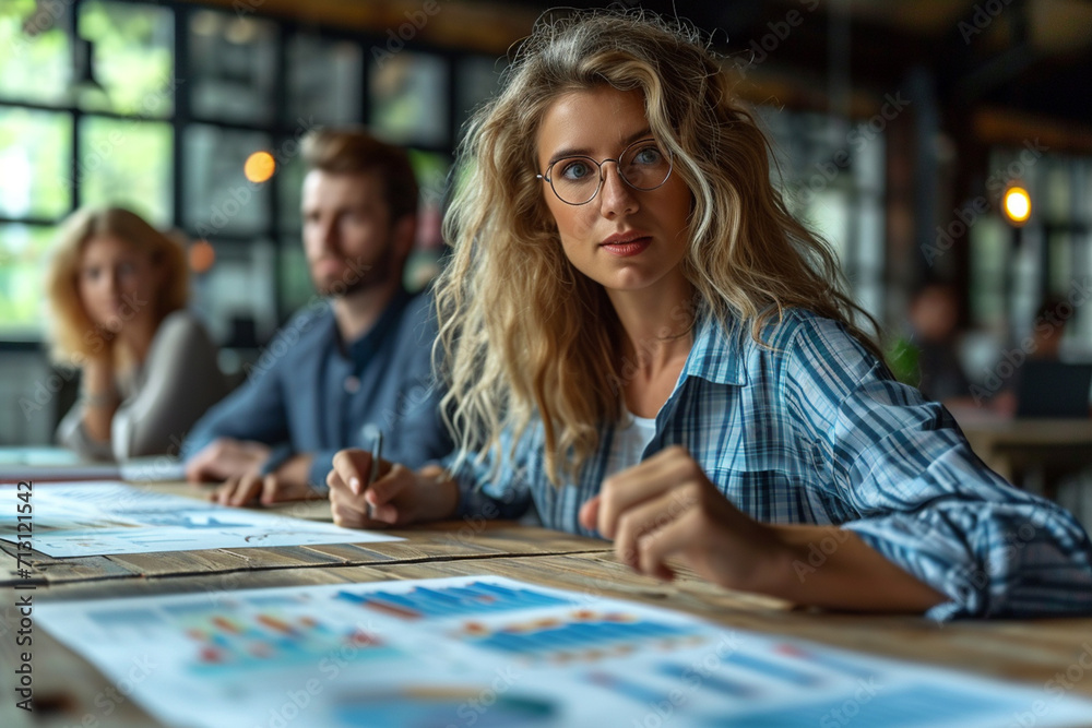 woman is building a financial strategy with graphs and diagrams of her business for the next year