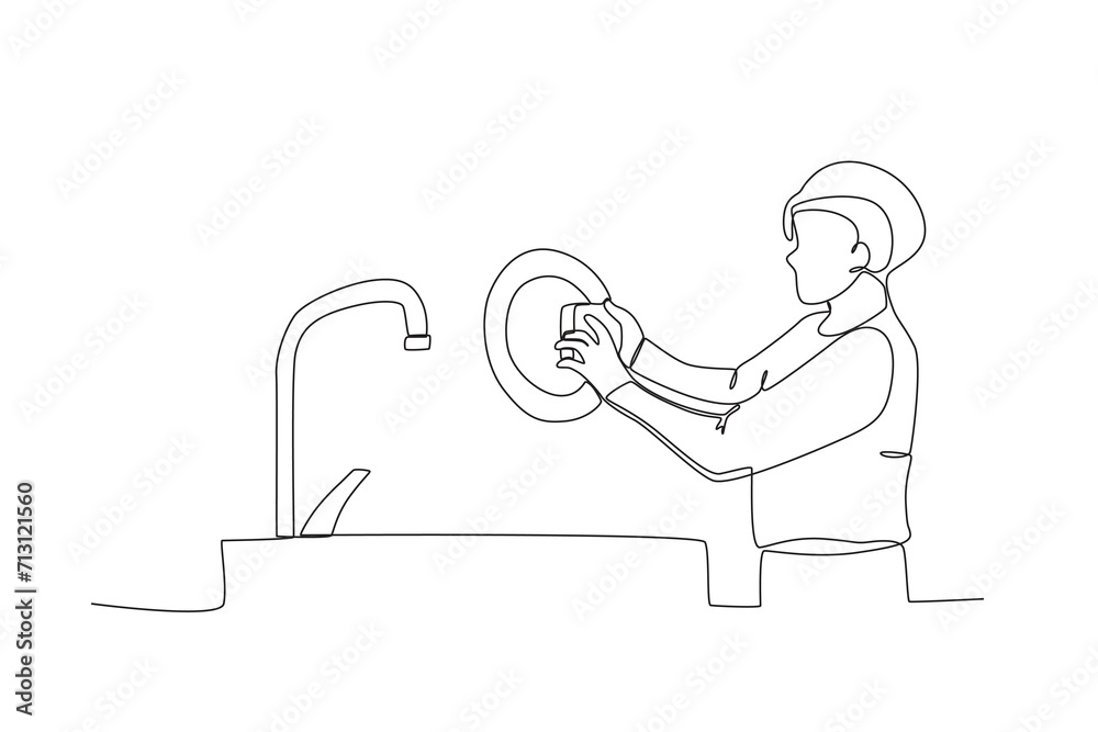 One single line drawing of Boy washing dishes,parenting vector illustration. Happy family playing together concept. Modern continuous line draw design
