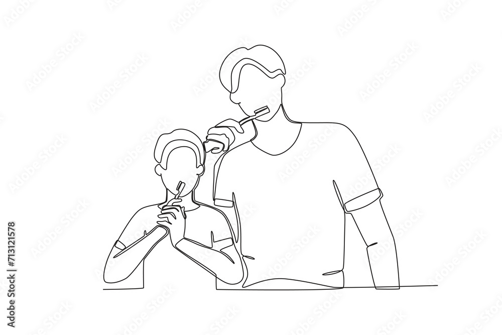 One single line drawing of Father teaching child to brush teeth,parenting vector illustration. Happy family playing together concept. Modern continuous line draw design
