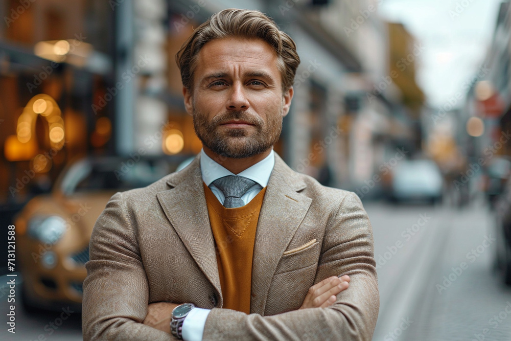 elegant man in a suit with an luxury car in the background elegant man in a suit with an luxury car in the background