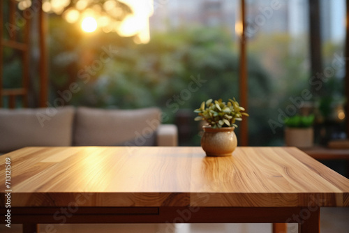 Wooden home table bokeh background  empty wood desk cafe tabletop surface product display mockup with blurry living room or city abstract backdrop advertising presentation. Mock up  copy space.