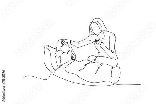 One single line drawing of Mother measuring her child_s heat,parenting vector illustration. Happy family playing together concept. Modern continuous line draw design 