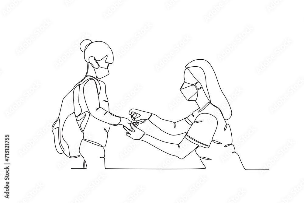 One single line drawing of Mothers who use hand sanitizer on their children when they want to leave the house,parenting vector illustration. Happy family playing together concept. Modern continuous li