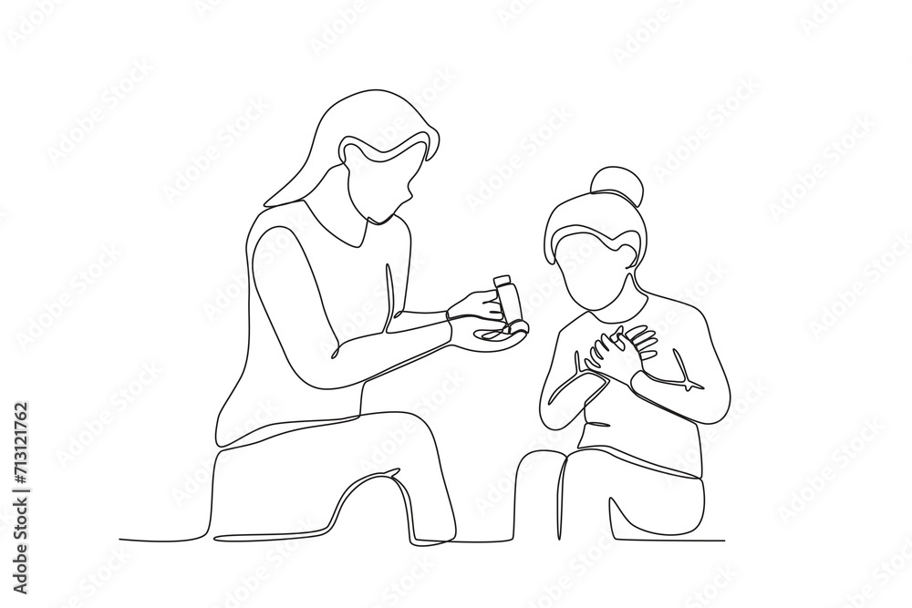 One single line drawing of The mother who helps the child brings an inhaler when the child is short of breath,parenting vector illustration. Happy family playing together concept. Modern continuous li