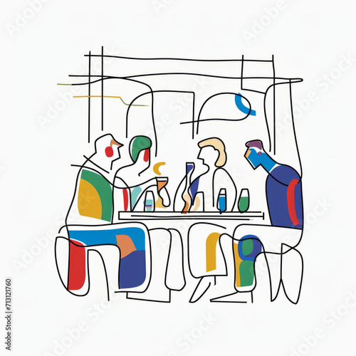 One-line drawing of 4 people sitting in front of a bar and having fun, figure outline only