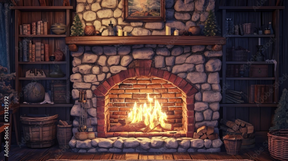 A warm and inviting living room with a fireplace ablaze. Perfect for creating a cozy atmosphere. Ideal for home decor or real estate promotions A warm and inviting living room with a fireplace ablaze. Perfect for creating a cozy atmosphere. Ideal for home decor or real estate promotions